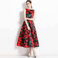 ★S～3L★パーティー 結婚式 大人可愛い　ノースリーブ 花柄プリントドレスワンピース [レッド]   S68155