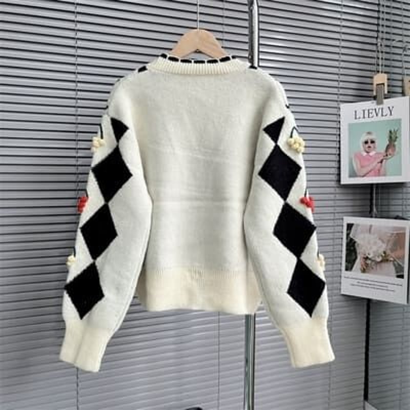 全3色☆3L～5L秋冬 新作 柔らかいニット配色切替 可愛い立体感ブドウ柄 