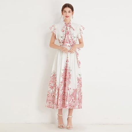 ★M~3L★結婚式 二次会 パーティー 可愛いフレア袖　花柄プリント ボウタイワンピース [ピンク]  S88436