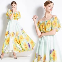 ★S~3L★パーティー デート   ハワイ風　2WAY着 スリット入り  花柄ロングワンピース [イエロー]  S62339