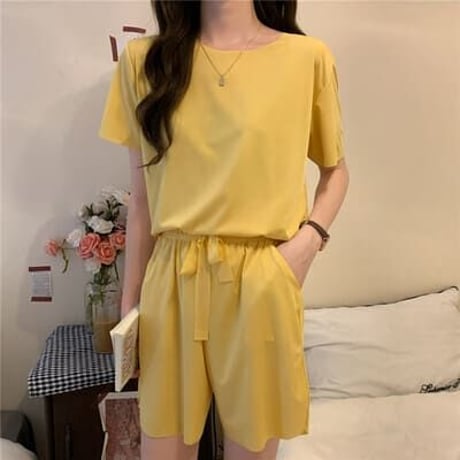 5色★M～2XL★夏 薄い 半袖 短いスタイル パジャマ 2点セット ルームウェア     海外  2022051041