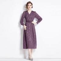★S～3L★パーティー 結婚式 司会 オシャレベルト付き 胸元プリーツ 上品感レースドレスワンピース [パープル]  S68570