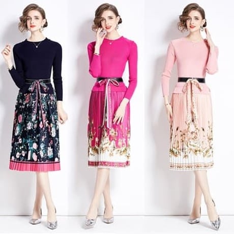 4COLOR★M/2L★オシャレリボンベルト付き　ニット切替ワンピース　  S68576