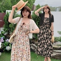 大きいサイズ★2L～6L ★シャリングゴム入り花柄キャミワンピース　レースボレロ  2set   W1014