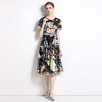 ★M~3L★二次会 パーティー 華やか花柄 ウエストリボン付きラウンドネックワンピース [ブラック]  S66130