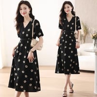 ★S～3L★オシャレVネック　大人かわいい花柄　ワンピース [ブラック]  S88137