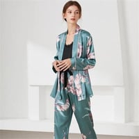 3色★M～2XL★トベアトップ ロングパンツ レースアップ パジャマ  3点セット   海外   2022041328