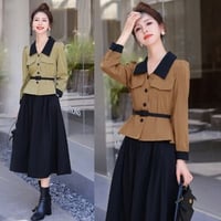 2COLOR★M～3L★オシャレ着　ベルト付きバイカラージャケット スカート ２set セットアップ  S68758