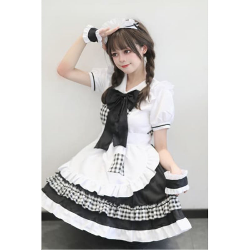 ロリータスタイル ゴスロリメイド服　エプロンレース クラシカルメイド エプロン レース ブラック ショート丈