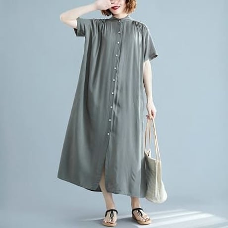 全6色　夏新作　ゆったり　大人カジュアルスタイル 涼感 コットンリネン　前ボタン ロングシャツワンピース    [F]    9161