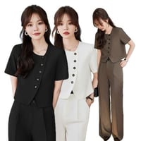 ★上質S～3L★ OL 通勤 オフェス着 体型カバー 半袖ジャケットワイトパンツ 2set  GDX1083