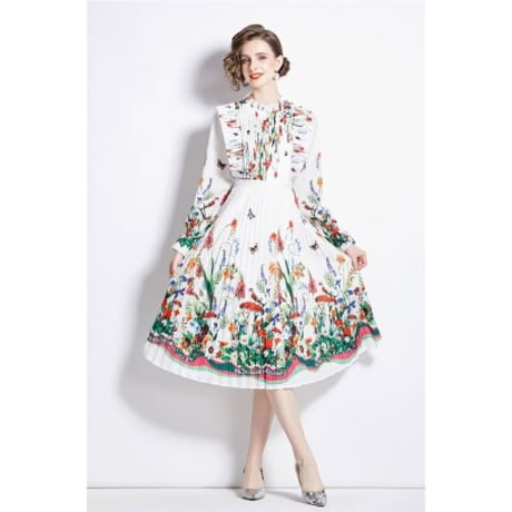 ★M～3L★パーティー  気品　スタンダードカラ  可愛い花柄　プリーツ  ワンピース [ホワイト]  S86545