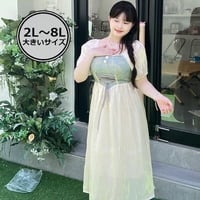 ★胸元編上げ  宮廷風ハイウエスト  バイカラー異素材切替ワンピース [グリーン×ベージュ]   63804