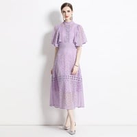 ★M～3L★パーティー 結婚式 大人優雅 フリルスリーブ スタンダードカラ総レースドレスワンピース [パープル]   S66917