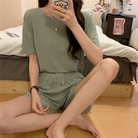 5色★M～2XL★夏 薄い 半袖 短いスタイル パジャマ 2点セット ルームウェア     海外  2022051041