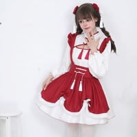 ★S～6L大きいサイズ★チャイナ風 中国功夫 胸元空き コスプレ メイド服 ハロウィン衣装 可愛い 舞台 ワンピース  ホワイト+レッド  3点セット 8213