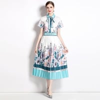 ★S～3L★パーティー 結婚式 大人優雅印象 レトロ感 胸元リボン  プリーツスカート切替ドレス [ホワイト×ブルー]  S61196