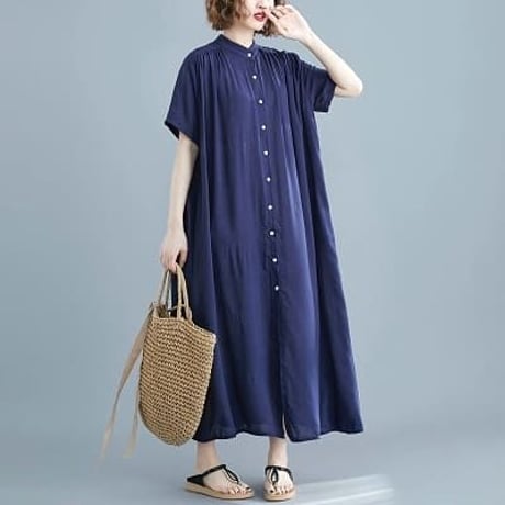 全6色　夏新作　ゆったり　大人カジュアルスタイル 涼感 コットンリネン　前ボタン ロングシャツワンピース    [F]    9161