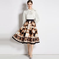 2色★S~3L★結婚式 パーティー 大人優雅印象　肩リボンブラウス レトロ感プリントスカート  2set  S62210