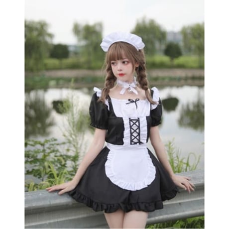 ★S～6L大きいサイズ★lolita コスプレ メイド服 エプロン クラシカル ゴスロリ 4点セット[ブラック]  8082
