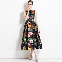 ★S～3L★パーティー 結婚式 大人可愛い  ノースリーブ 花柄プリントドレスワンピース [ブラック]   S68152