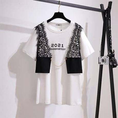 ★3L~7L★ぽっちゃりさん オシャレ重ねる風　レース切替 Tシャツ   62244