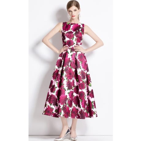 ★S~3L★結婚式 二次会 パーティー デート   華やか   ノースリーブ   花柄ワンピース [パープルピンク]  S69081