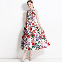 ★S～3L★パーティー 結婚式 大人可愛い  ノースリーブ 花柄プリントドレスワンピース [ホワイト]  S68150