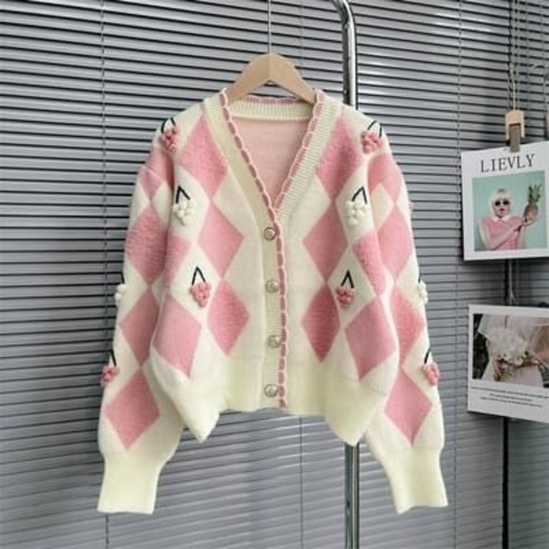 全3色☆3L～5L秋冬 新作 柔らかいニット配色切替 可愛い立体感ブドウ柄 