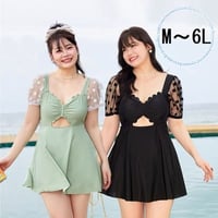 ★M～6L★水着 水泳 海水浴 ビーチ 　可愛いドット柄切替ワンピース 2set  5237
