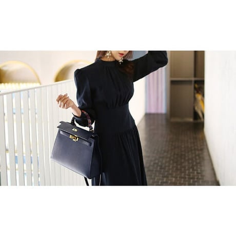 ★S~2L★通勤 出かけ パーティー 結婚式 お洒落 ギャザ入りロングドレスワンピース   [紺]   0706