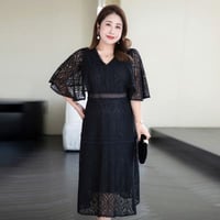 ★5L～9L 大きいサイズ ぽっちゃりさん★パーティードレス 二の腕カバー 上品感総レースワンピース[ブラック]   18535