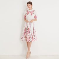 ★M~3L★結婚式 二次会 パーティー 可愛い花柄プリントワンピース　プリーツ切替ドレス ワンピース [ホワイト]  S88442