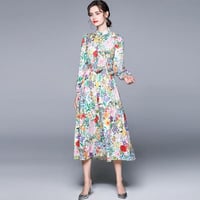 ★M～3L★パーティー 結婚式 上品感ベルト付き Vネック 異素材切替  花柄ジャガード織ドレス [グリーン]  S67011