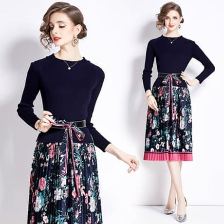 4COLOR★M/2L★オシャレリボンベルト付き　ニット切替ワンピース　  S68576