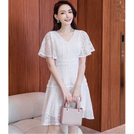 2色★ S～5L★パーティー 結婚式 披露宴 大人優雅 前後Vネック 総レースドレスワンピース2030
