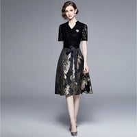 ★M~3L★二次会 パーティー 上品ツヤ感花柄ジャガード織   パンコール入りレース切替 ドレス[ブラック]   S80868