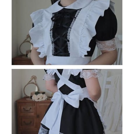 ★S～6L★可愛い コスプレ メイド服 エプロン ロリータ クラシカル ゴスロリ ドレス ワンピース   [ブラック]   1024B
