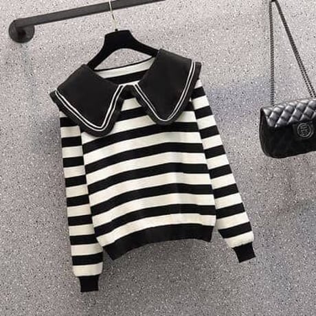 ★F～4L★セーラー服　可愛い大きめ襟 ボーダー柄 ニットルオーバー セーター