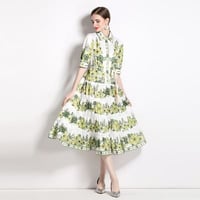 ★M～3L★パーティー 結婚式 大人優雅印象 五分袖 ティアード 花柄プリントロングドレス [グリーン]   S65964