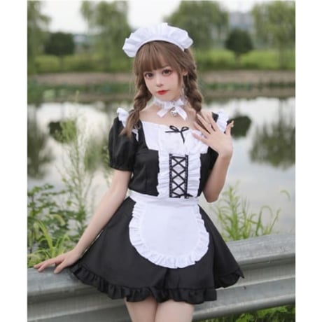 ★S～6L大きいサイズ★lolita コスプレ メイド服 エプロン クラシカル ゴスロリ 4点セット[ブラック]  8082