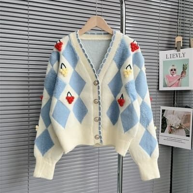 全3色☆3L～5L秋冬 新作 柔らかいニット配色切替 可愛い立体感ブドウ柄 
