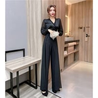 ★S～XL★ワイドレッグパンツ オールインワン 気質 Vネック 長袖 エレガント 大人気   [ブラック]   海外  2022050911