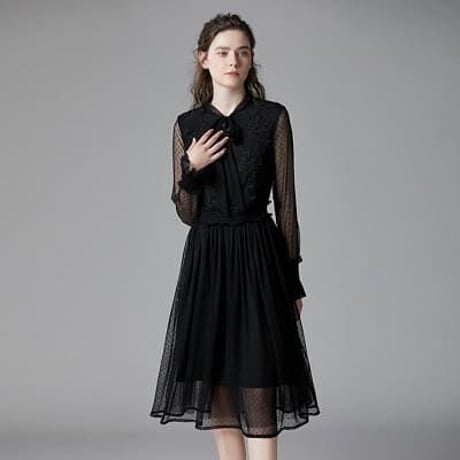 L~6L★出かけ パーディー 二次会 結婚式上品花柄レース 刺繍 ドット柄レースドレスワンピース   [黒]   Y14270