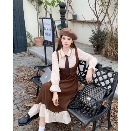 大きいサイズ★L～5L★セーラー服   バイカラー　異素材切替  ネクタイ付き重ねる風ワンピース [ブラウン]   67862