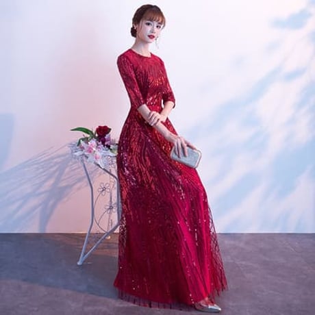 2色★S～6L★パーティー 結婚式 披露宴 ステージ 司会 演奏会 五分袖 キラキラスパンコール刺繍ドレス   20413