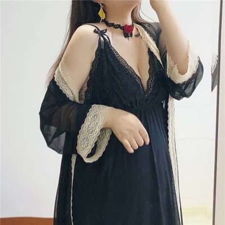 ★2L～5L★セクシーパジャマ 透け感レース パット付きキャミワンピース ナイトガウン２set      [黒]     004
