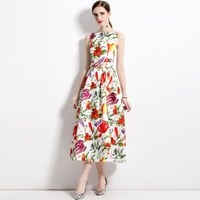 ★S～3L★パーティー 結婚式 大人可愛い   ノースリーブ 花柄プリントドレスワンピース [ホワイト]   S68153
