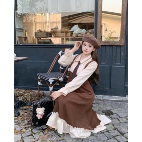大きいサイズ★L～5L★セーラー服   バイカラー　異素材切替  ネクタイ付き重ねる風ワンピース [ブラウン]   67862
