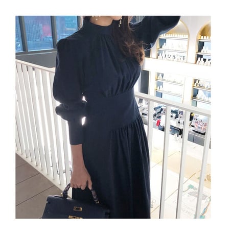 ★S~2L★通勤 出かけ パーティー 結婚式 お洒落 ギャザ入りロングドレスワンピース   [紺]   0706
